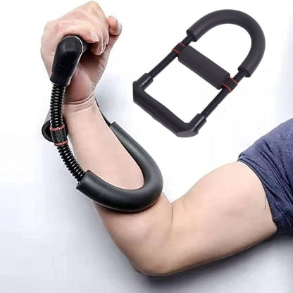 Person using a black wrist and forearm trainer on a white background