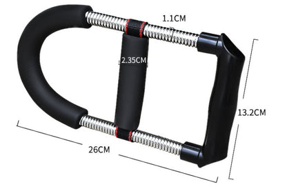 Black hand gripper with measurements on a white background