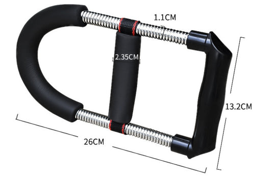 Black hand gripper with measurements on a white background