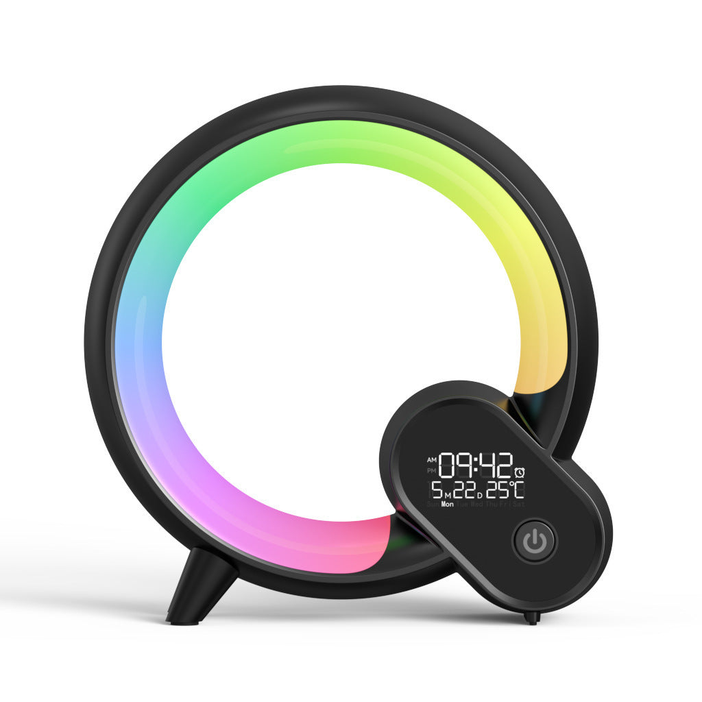 Colorful circular light with digital display on a white background