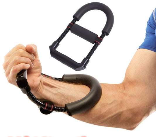 Hand using a wrist strengthener with text 'Wrist Strengthener' on a white background