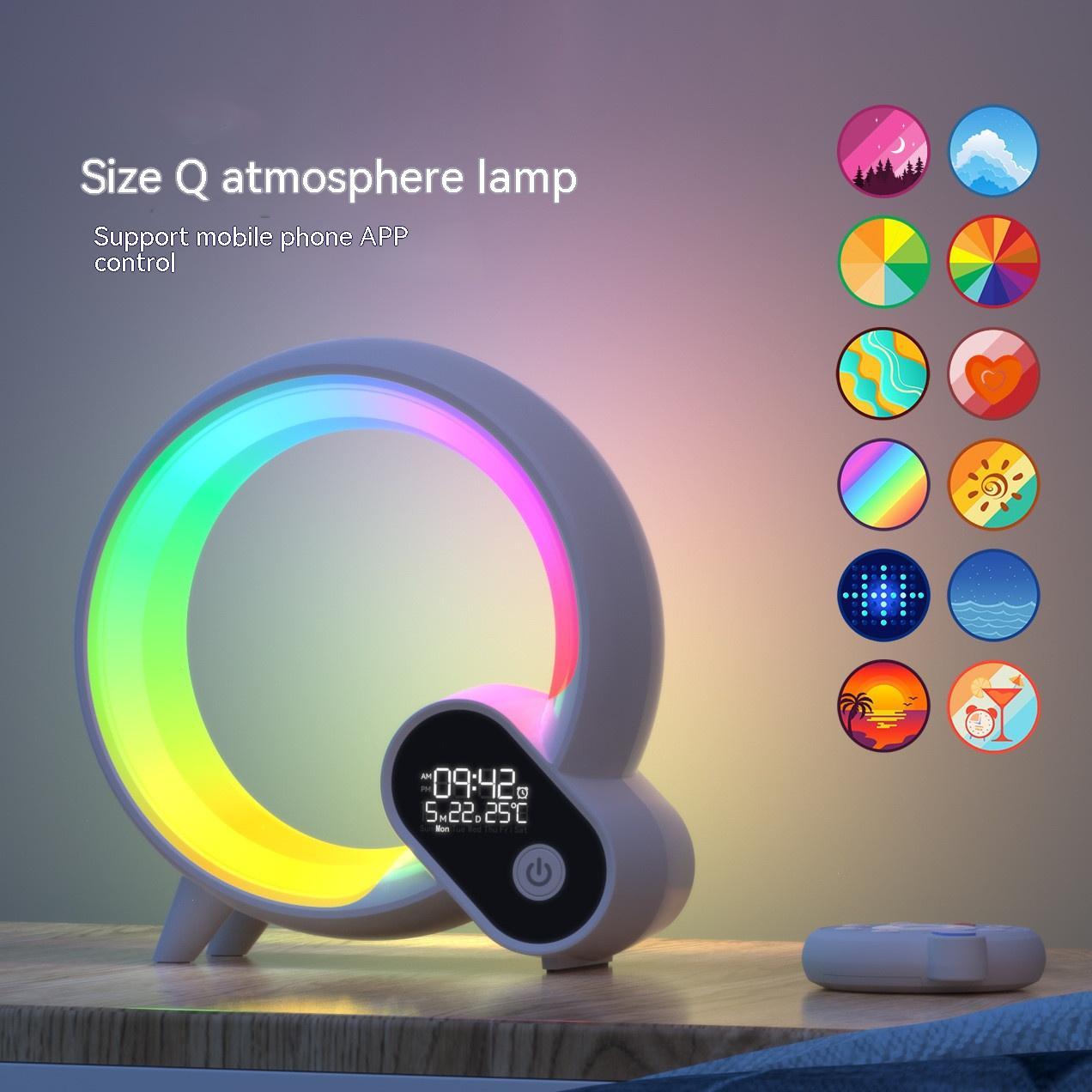Colorful atmosphere lamp with digital display and app control icons on a wooden surface.